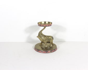 Vintage Brass and Enamel Elephant Candleholder Pillar or Tealight Pink Purple