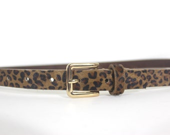 30”-34” Vintage Leopard Print Fur Leather Skinny Belt with Gold Buckle