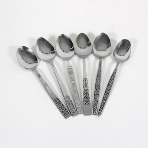 Curated Set of 6 Mid Century Modern Stainless Steel Tea or Dessert Spoons, Mismatched Vintage Table Setting, Six Spoon, MCM Black Background