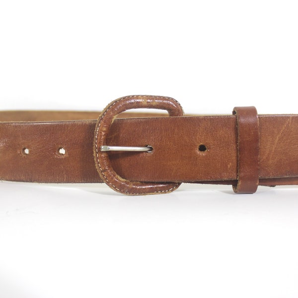 31”-36” Unisex Vintage Worn in Distressed Thick Soft Tan Natural Leather Belt Self Covered Leather Buckle Made in Mexico 34