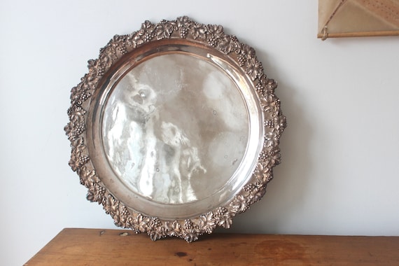Grand Plateau De Service Vintage En Métal Argenté Brillant - 50x38 Cm - Époque Rétro
