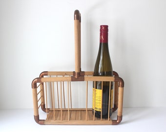 Vintage Wine Carrying Basket, Copper and Wood Wine Carrier, Three Bottle Wine Basket, Picnic Glass Carrier, Bamboo Caddy Carrier