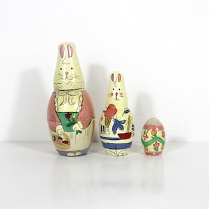 Vintage Easter Bunny Rabbit and Egg Stacking Dolls Hand Painted Wood