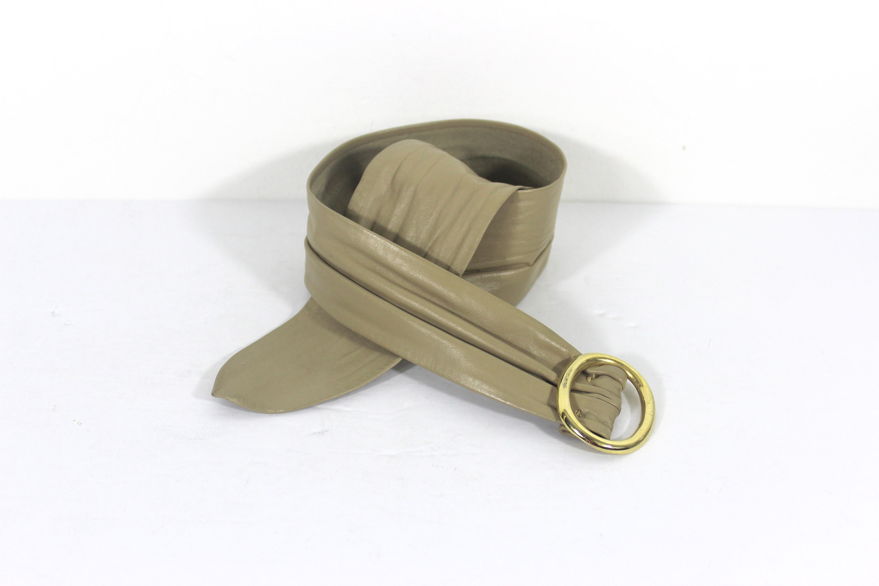 Vintage Beige Leather Wrap Belt Adjustable, Wide Thin 
