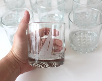 Pair of  KC87 Sloop True North Whiskey Glasses, Low Ball Rocks, Cocktail Glass, Sailing Nautical Gift, Sailboat