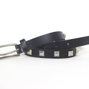 26”-30” Italian Skinny Studded Black Leather Belt Punker Punk Rock Biker Silver Buckle