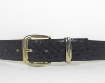 31”-36” Vintage Black Genuine Snake Skin Reptile Leather Belt with Gold Tone Buckle, Lizard Dressy