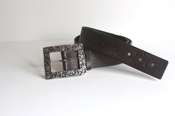 Italian Vintage Dark Brown Leather Belt, Size Small S, Studded 