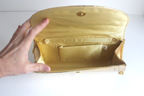 Vintage Gold Lamé and Rhinestone Clutch with Chai… - image 7