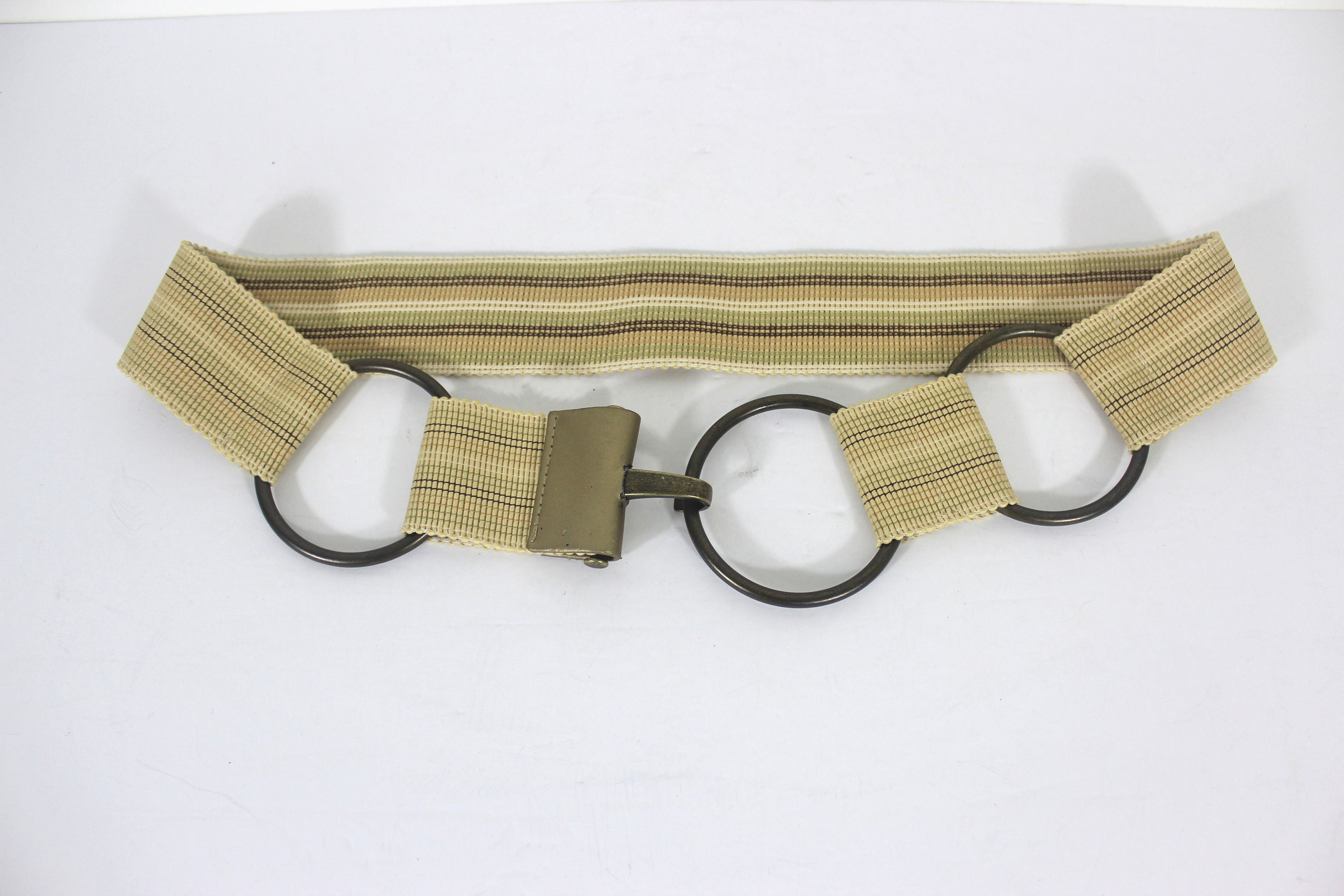 Vintage Cream Summer Stretch Belt With 3 Brass Rings  display picture 1