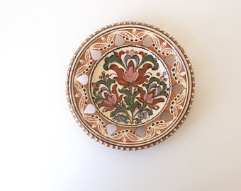 Small Vintage Handmade Pottery Wall Plate, Hand Painted Floral Ceramic Plate with Cutouts, Wall Art, Ethnic, Bohemian