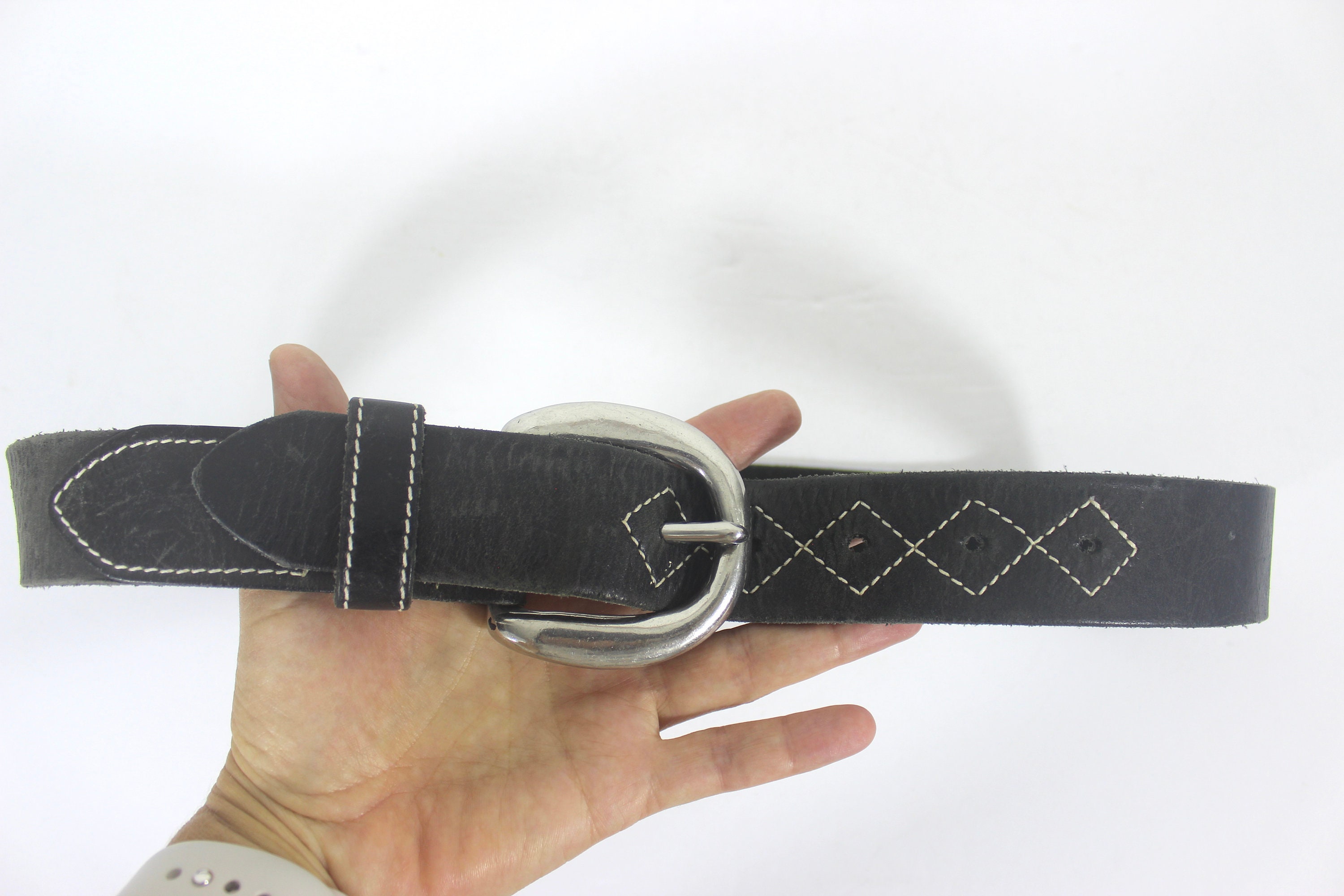 26”-30” Vintage Distressed Thick Black Leather Belt With  display picture 3