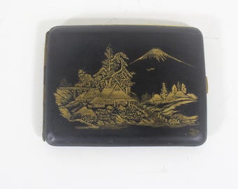 Vintage Japanese Gold and Black Cigarette Case Damascene