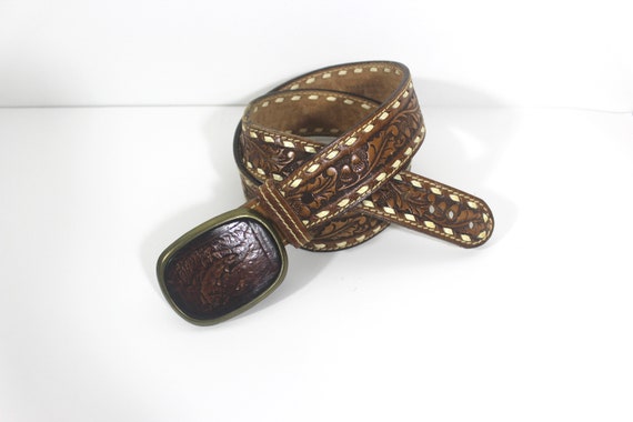 34”-41” Leather Fish Belt Tooled Leather, Tan Wes… - image 3