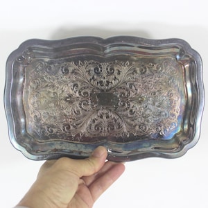 Petit plateau rectangulaire en métal argenté, plat en assiette vintage, service patiné, dessous de verre de chevet, bijoux, porte-cartes de visite, présentoir Canada