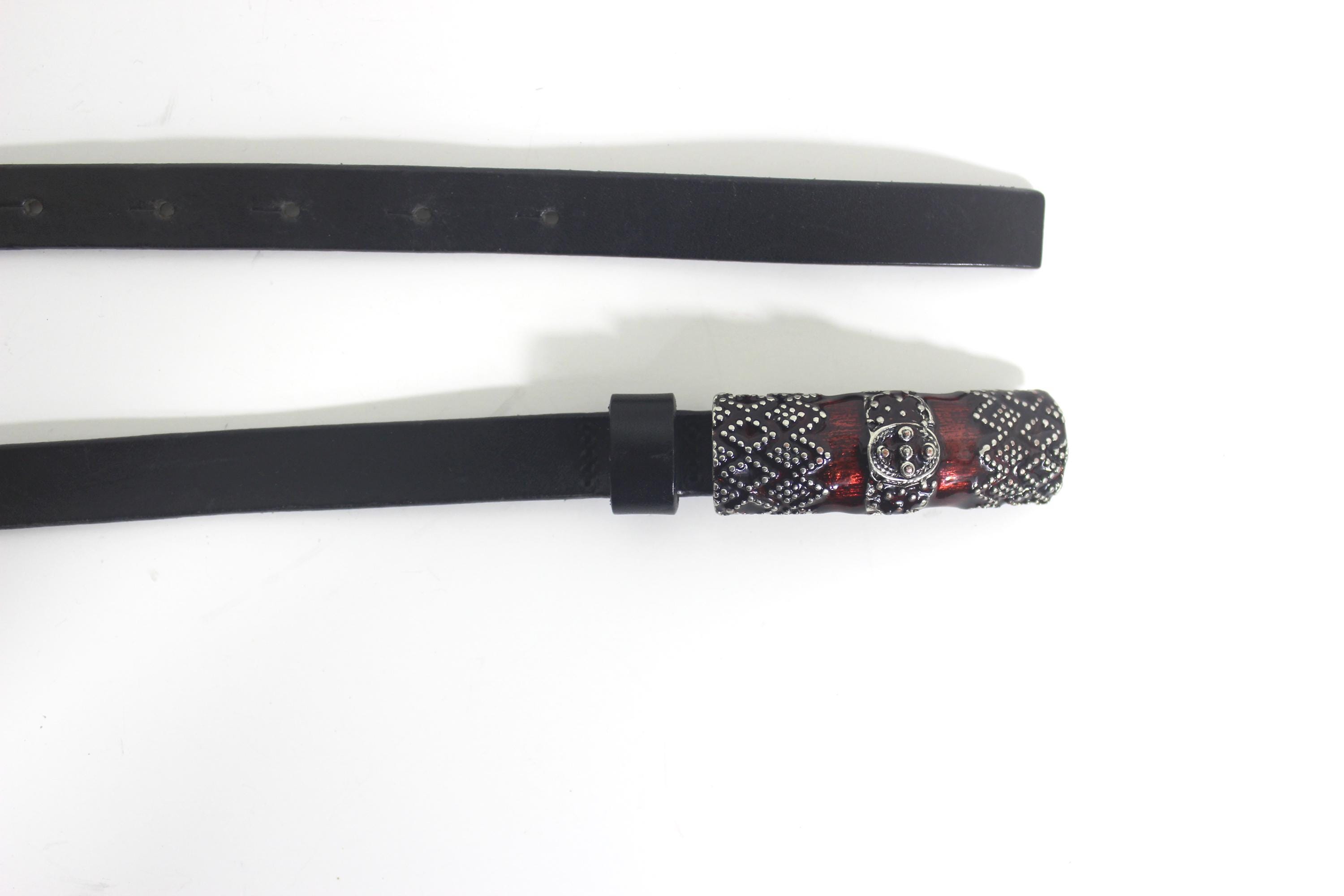 30”-34” Skinny Black Italian Leather Belt With Silver and Red