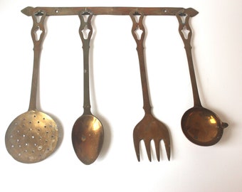 Vintage Brass Utensil Set with Hanger, Large Utensils for Cooking and Serving, Bohemian, Country Kitchen Styling Staging Boho Decor, Ladle