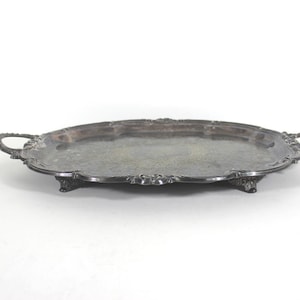 Large Footed Butler’s Tray, Silver Plated Oval Tray, Vintage Plate Ornate Handles Etched Engraved Patina Serving Dish, Huge Heavy