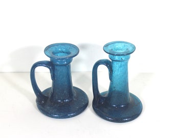 Vintage Pair of Hand Blown Bubble Glass Candleholders Blue Green Teal