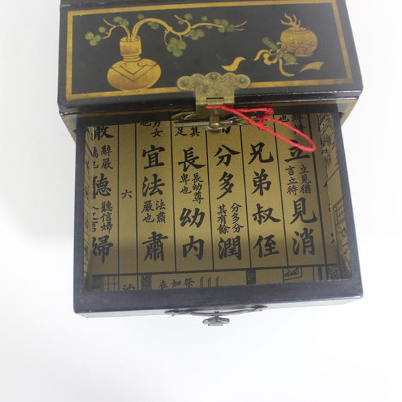 Vintage Lacquered Jewellery Box with Drawers and a Folding Mirror Black with Gold Birds and Floral Detail and Brass View 5