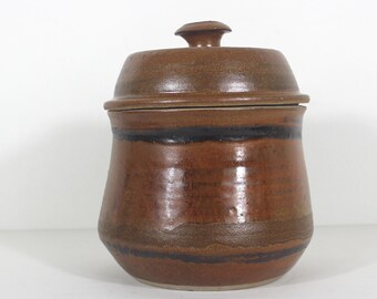 Large Vintage Signed Studio Pottery Lidded Jar or Pot, Ceramic Canister with Lid Rust Brown, Earth Tone Handmade