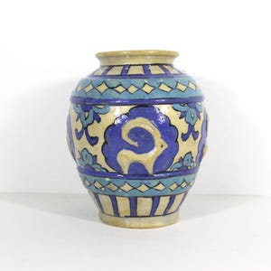 Vintage Primitive Clay Vase with Raised Ram Motif Blue and Turquoise