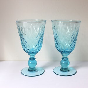 Set of Three Glasses, Vintage Blue Pressed Glass Teardrop Diamond Motif 3 Wine Goblets, Milkshake, Float, Ice Tea, Water, Wine, Ice Blue