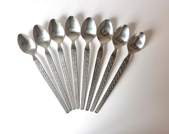 Mid Century Modern Set of 8 Vintage Stainless Iced Tea Spoons, Trocadero, Steel Set of Eight Long Ice Sundae Hanford Forge Floral Flower