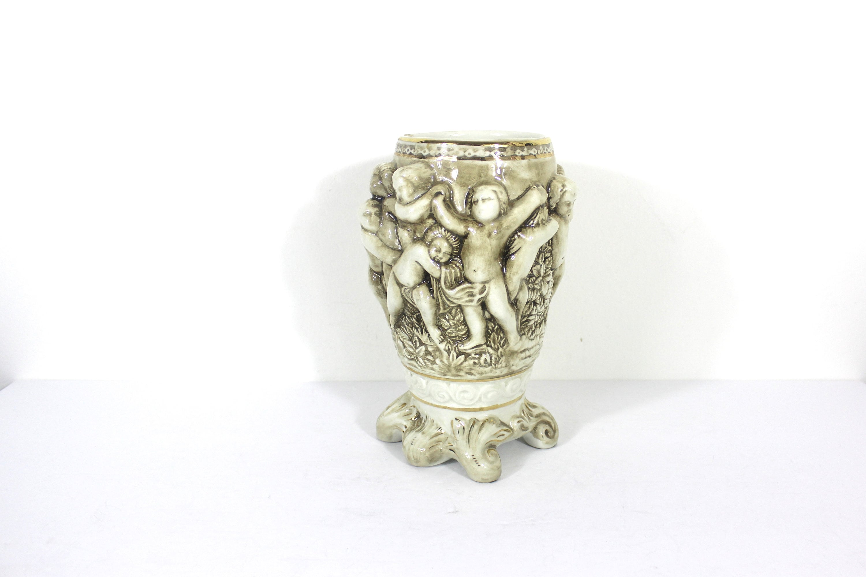 R. Capodimonte Italy Vase With Cherubs or Putti in Relief, Sepia