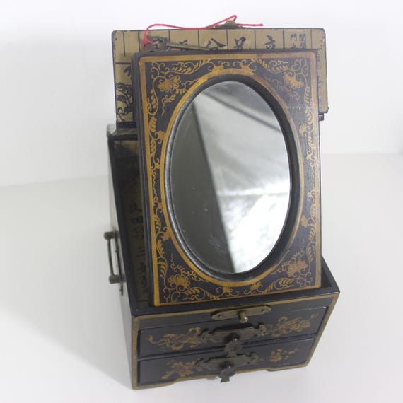 Vintage Lacquered Jewellery Box with Drawers and a Folding Mirror Black with Gold Birds and Floral Detail and Brass View 2