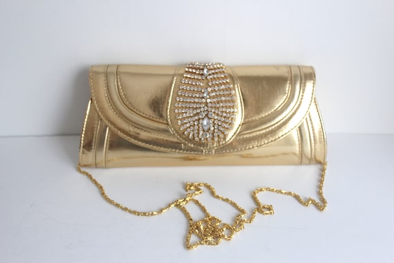 Vintage Gold Lamé and Rhinestone Clutch with Chai… - image 1