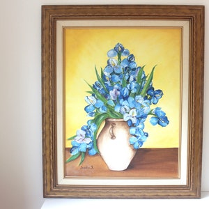 Vintage Original Oil Painting, Blue Irises in a Vase with Bright Yellow Background, Framed Art, Colourful, Colorful Still Life