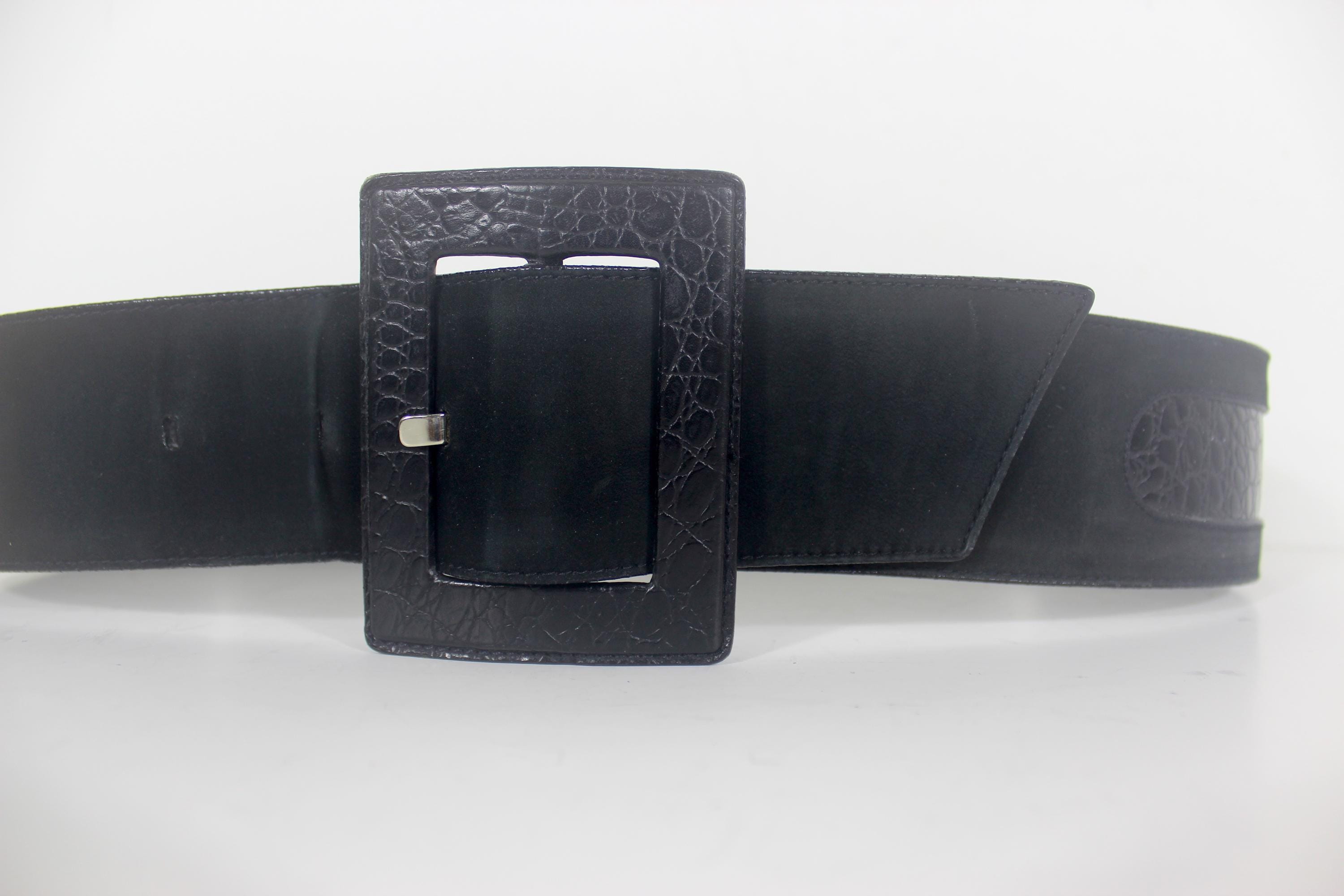 31”-34” Vintage Wide Black Suede and Croc Embossed Top Grain 