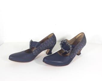 Size 9.5 Vintage JOHN FLUEVOG Blue Mary Jane Heels with Brocade and Patent Leather Heel Custom Buckle