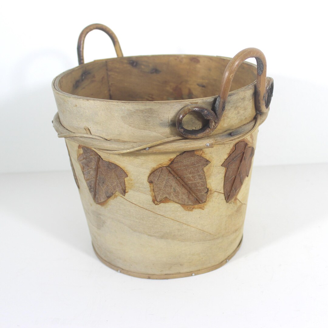 Small Fall Pails Vintage Bark and Leaf Basket Fall Autumn Decor Wood Pail Planter With ...