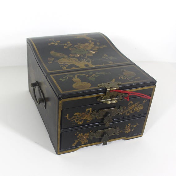 Vintage Lacquered Jewellery Box with Drawers and a Folding Mirror Black with Gold Birds and Floral Detail and Brass