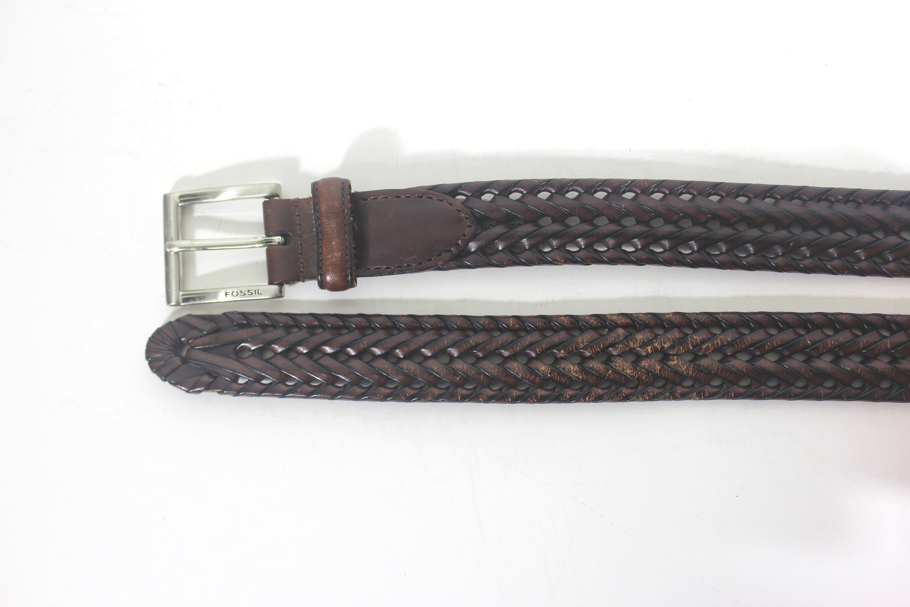 Vintage Fossil Leather Woven Silver & Brown Belt Vintage Fossil Womens Brown Leather Braided Western Rodeo  main image 3