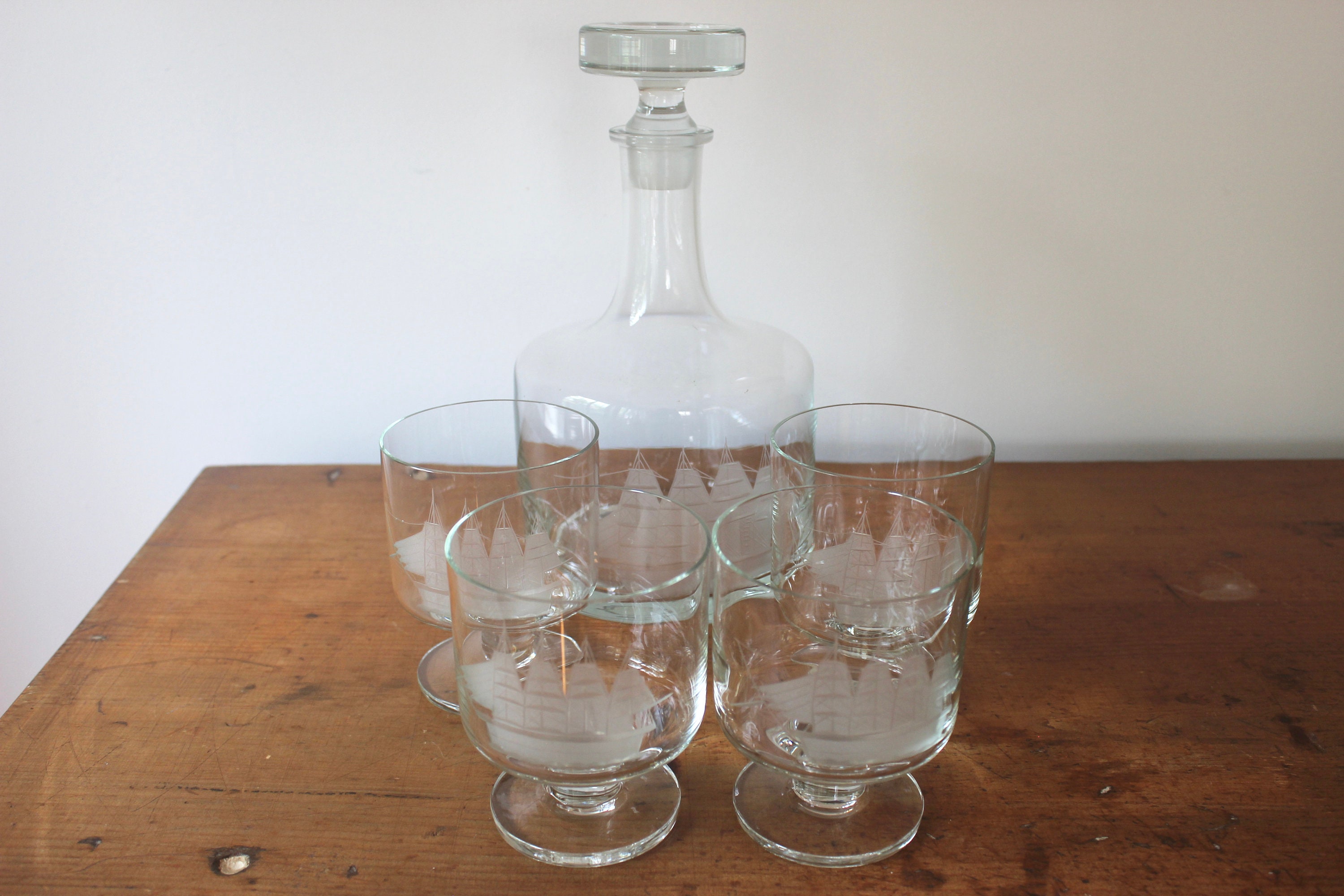 Vintage Glass Decanter Etched Ship Clipper Sailboat With Etsy