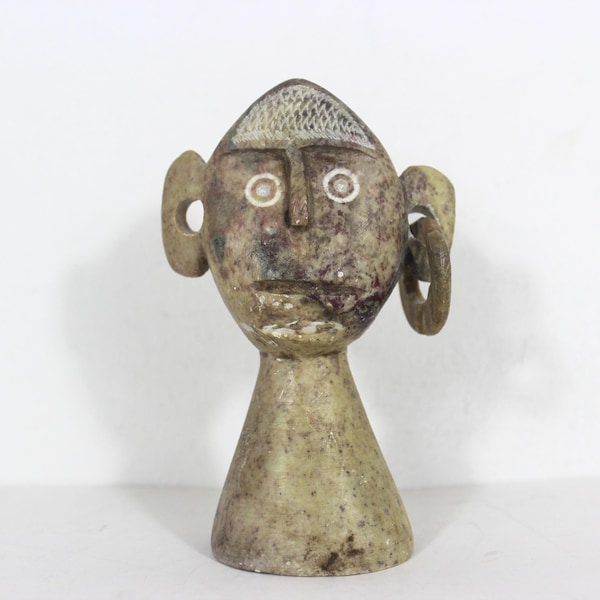 Hand Carved Vintage Stone Sculpture Head Bust Figure Soapstone Carving, African Handmade Shelf Display Folk Art Primitive Rustic