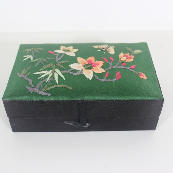 Vintage Chinese Silk Embroidered Jewellery Box Storage, Butterfly Floral Flowers Green Black Red