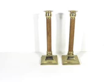 Mid Century Set of Two Vintage Brass and Oak Wood Candle Holders, Candle Sticks, Pair of Candleholders, 2 Tall Candlesticks Retro Patina