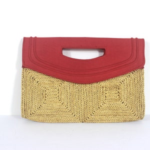 Vintage 70’s Woven Straw Clutch with Red Fabric Handle, Natural Retro Purse