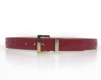90’s Anne Klein Woven Red Patent Leather Belt with Matte Leather and Gold Buckle, Size Small Skinny  Shiny Glossy Dressy