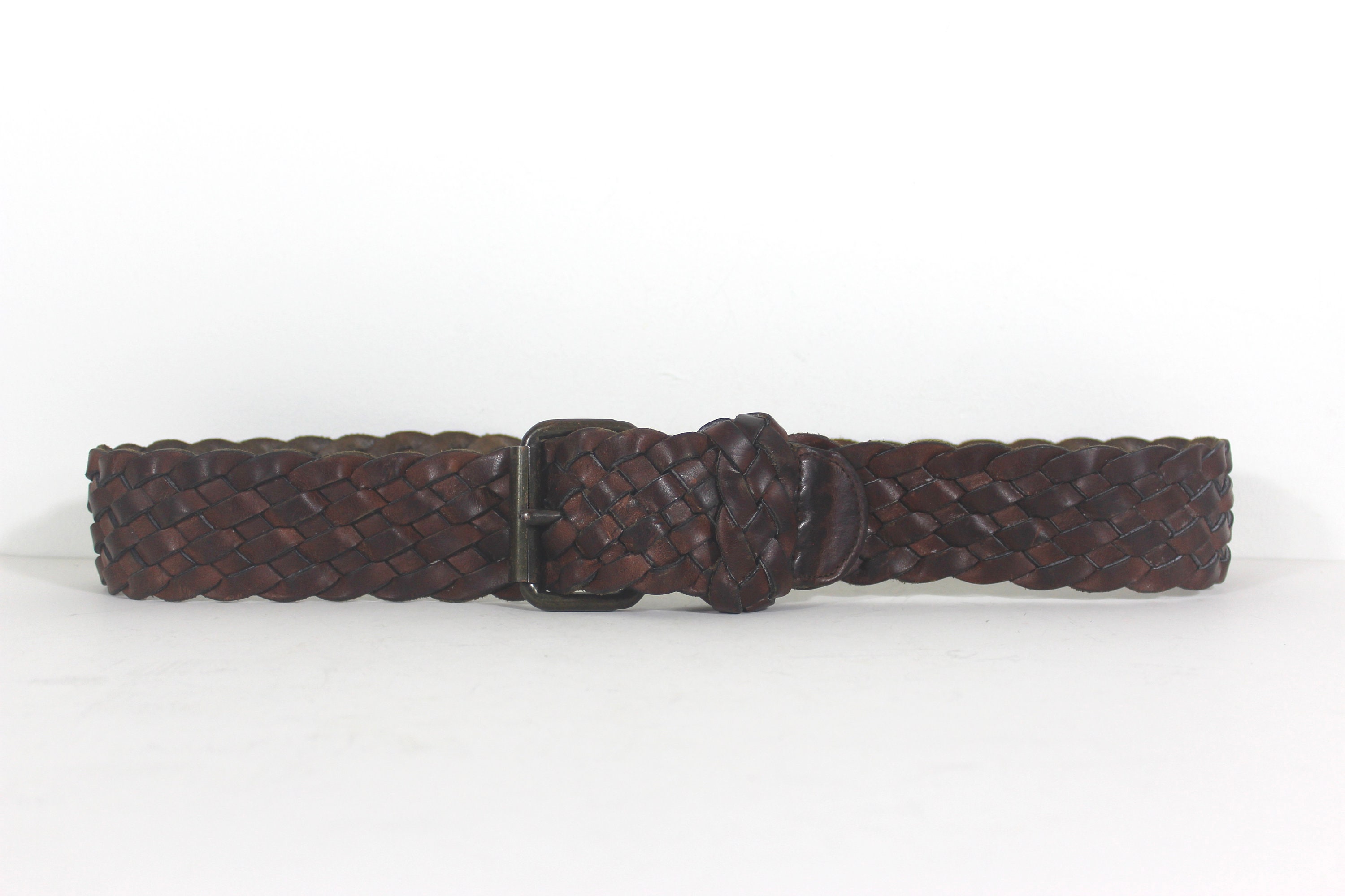 40 In Vintage Italian 70\'s Braided Brown Leather Belt Braided Italian Leather and Linen Belt in Cognac and Navy by  main image 3