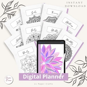 May include: A digital planner with a purple and pink mandala design. The planner includes tabs for lists, goals, finances, wellness, daily, weekly, monthly, and yearly. The text "Digital Planner" and "LL Paper Crafts" is visible on the image.