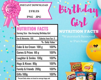 Birthday Girl Nutrition Facts Label, Custom Label, Instant Download, Chip Bag, Party Favor