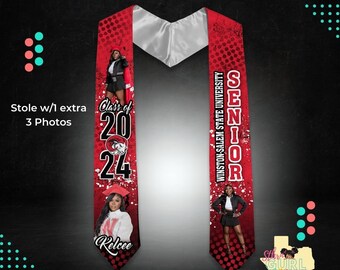 May include: A red and white graduation stole with the text "Class of 2024" and "Winston-Salem State University Senior". The stole features three photos of people and the text "Relcee".