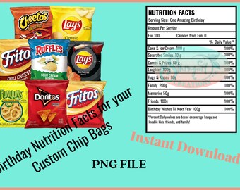 Nutrition Facts Label, Custom Label, Instant Download, Chip Bag, Party Favor