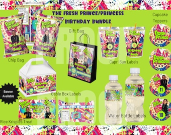 May include: A birthday party bundle featuring a Fresh Prince/Princess theme. The bundle includes a chip bag, gable box, rice krispies treat bag, Capri Sun labels, water bottle labels, cupcake toppers, and a gift bag. The design features a cartoon image of a young person wearing a crown and a black jacket.