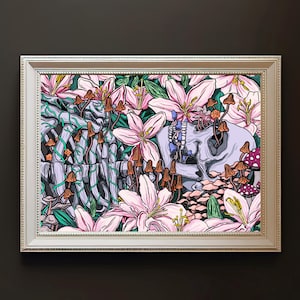 Lámina floral de calavera y hongos – Decoración gótica botánica para el hogar (A4)